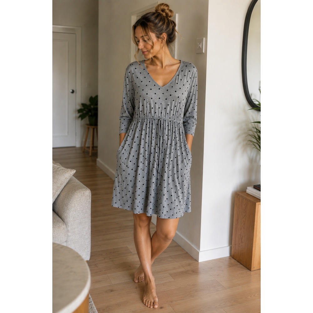 Soma Womens XL Gray Black Polka Dot V Neck Drawstring Jersey Dress Lounge Casual